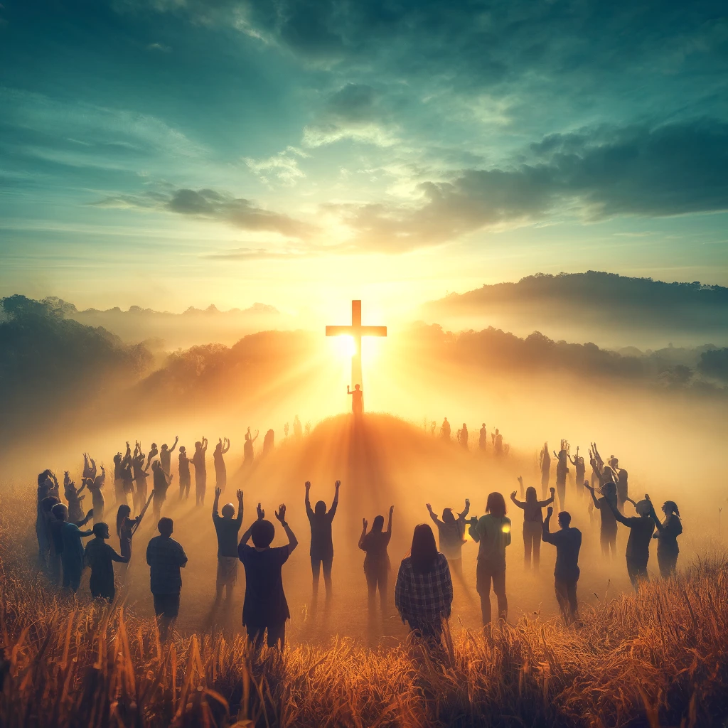 people worshipping around a cross