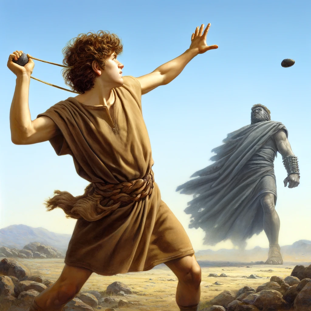David throwing Goliath with the stone