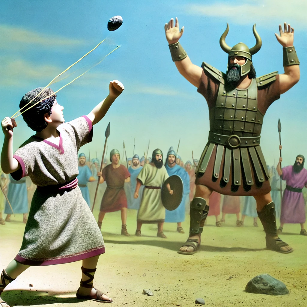 David hitting Goliath with the stone