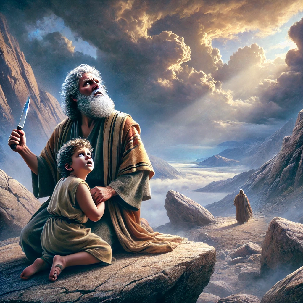 A dramatic scene depicting Abraham on a mountainside, preparing to sacrifice his son Isaac, as instructed by God, with a look of deep faith and obedience.