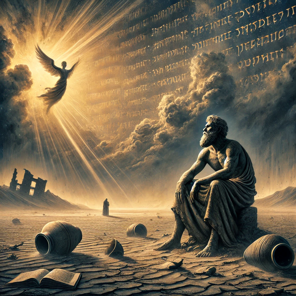 A weathered man stands in a barren desert, surrounded by broken pottery and a crumbling house in the distance, symbolizing the trials of Job from the Bible. Dark clouds fill the sky with rays of light breaking through, representing faith, hope, and divine presence. Faint glowing script of ancient biblical text hovers above, conveying spiritual lessons and divine wisdom amidst hardship.