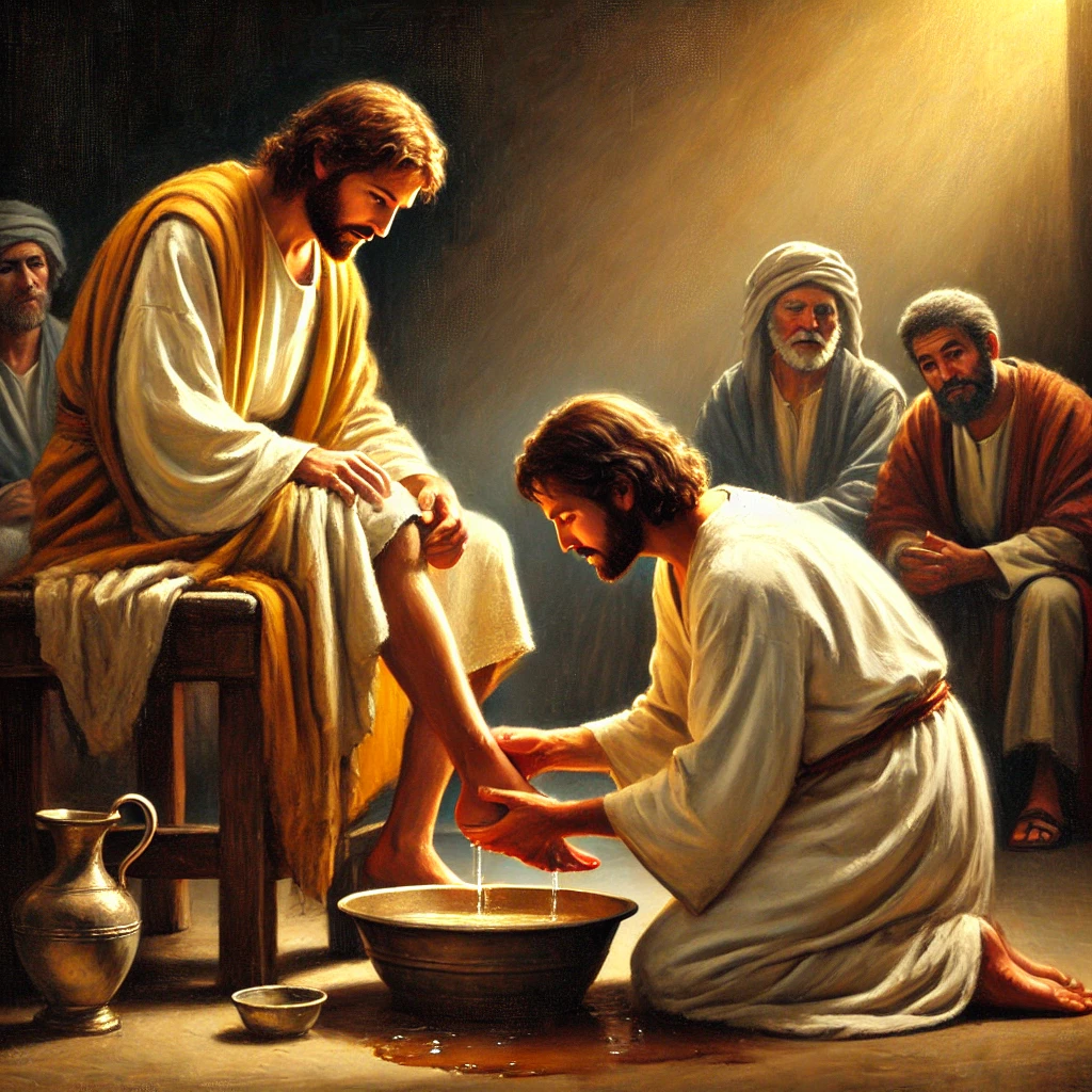 A beautiful oil painting of Jesus washing a disciple’s feet, capturing His humility and divine love. Jesus, dressed in a simple robe, kneels on the floor with a basin of water, gently washing the feet of one of His disciples, who sits on a bench looking down in reverence. Other disciples observe this profound act of servanthood. The scene is bathed in soft golden light, symbolizing the spiritual depth of Jesus' ministry in a classic oil painting style. No text or writing is present in the image