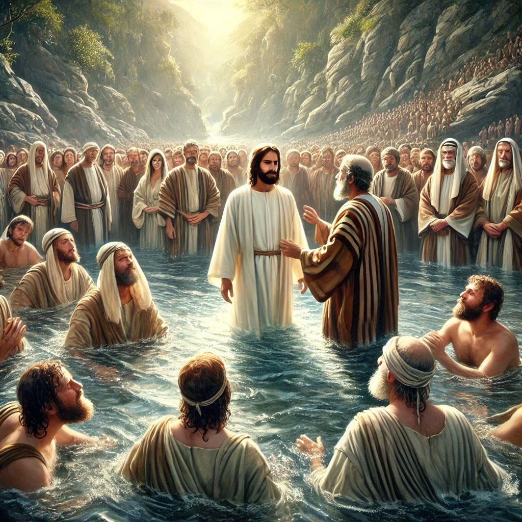 A powerful biblical scene set at the Jordan River with John the Baptist waist-deep in the water, surrounded by crowds eager to be baptized. The crowd