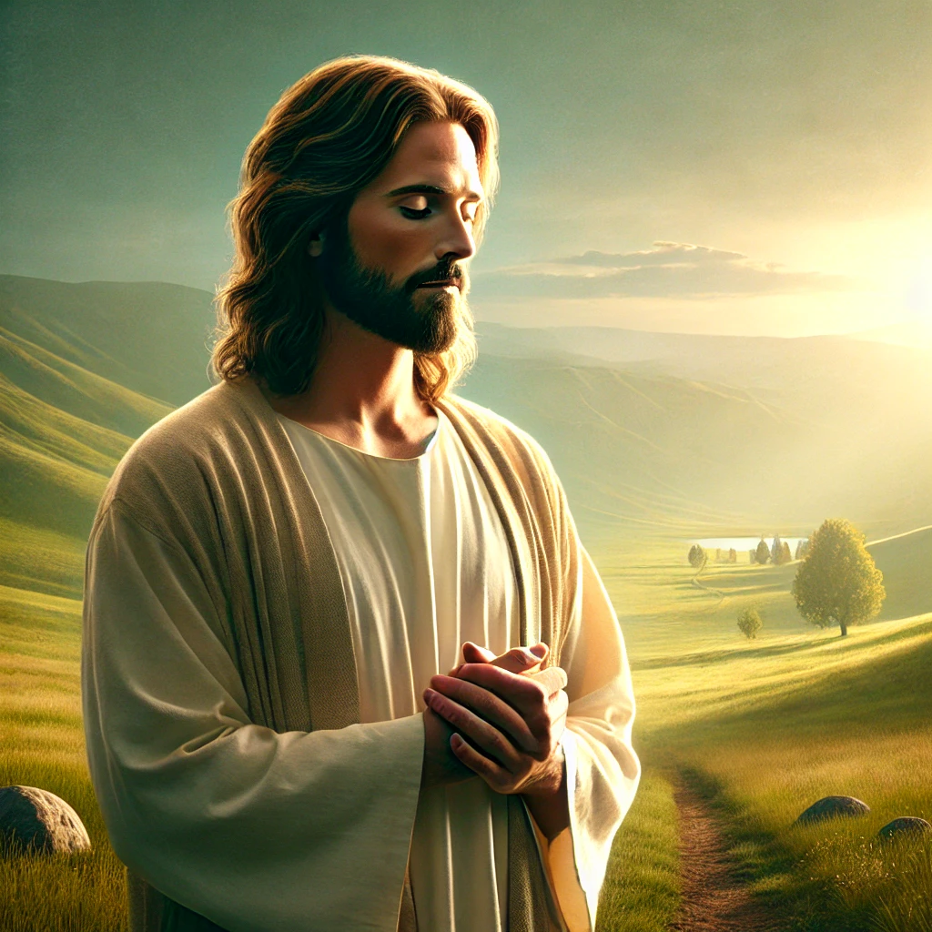 A serene image of Jesus standing in a peaceful natural setting, with a gentle and calming expression.