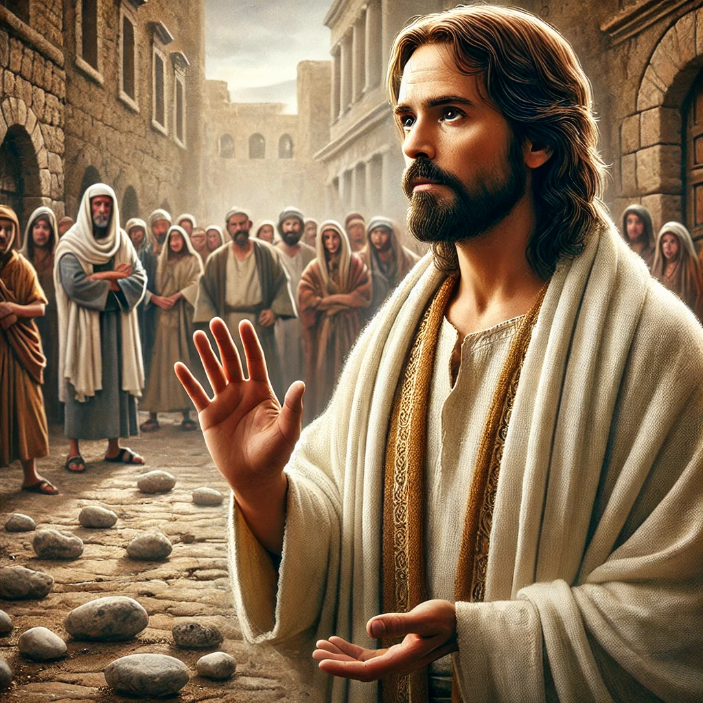 An image depicting the biblical scene where Jesus is speaking the words 'Let he who is without sin cast the first stone.'