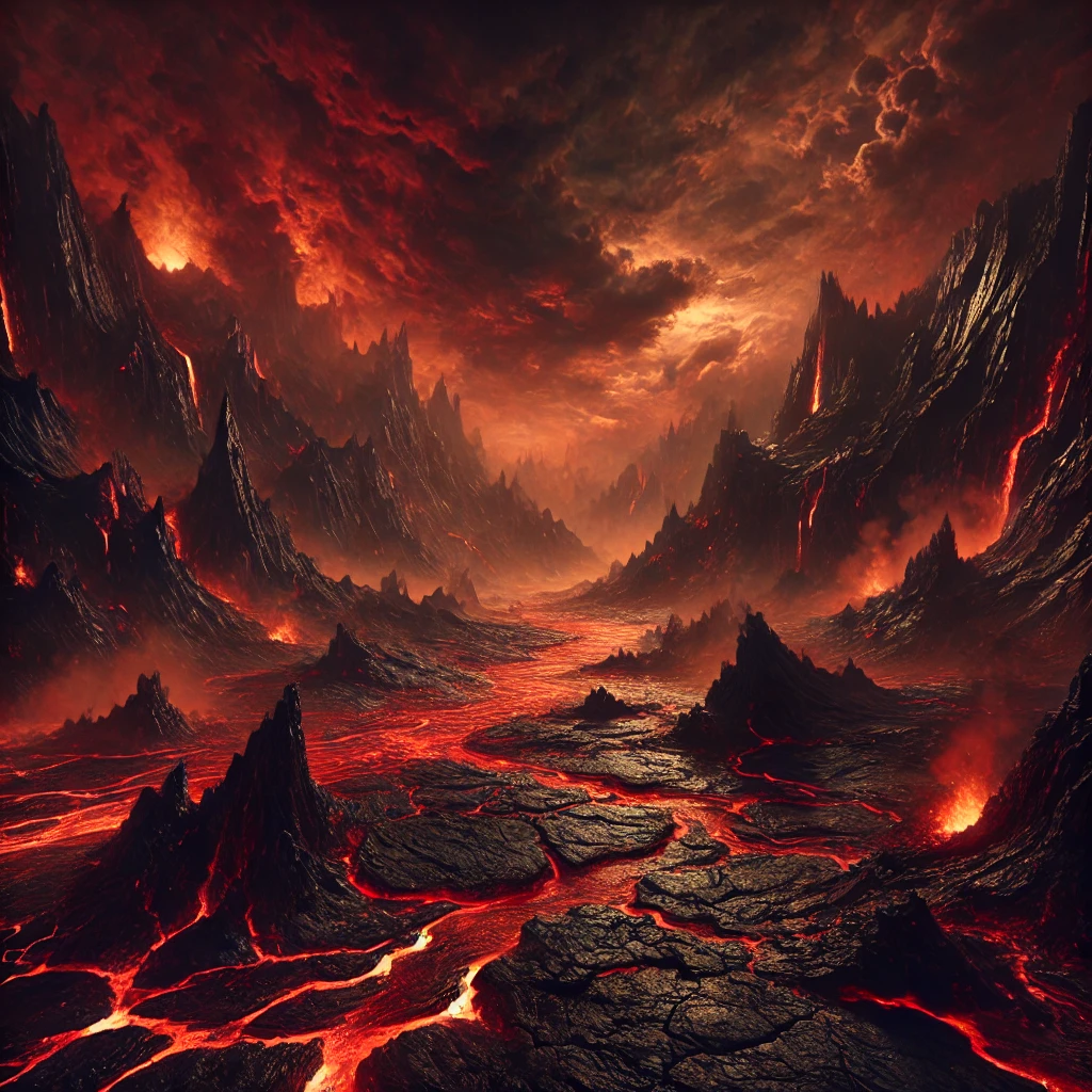 an Image of a dark and fiery place that looks like Hell