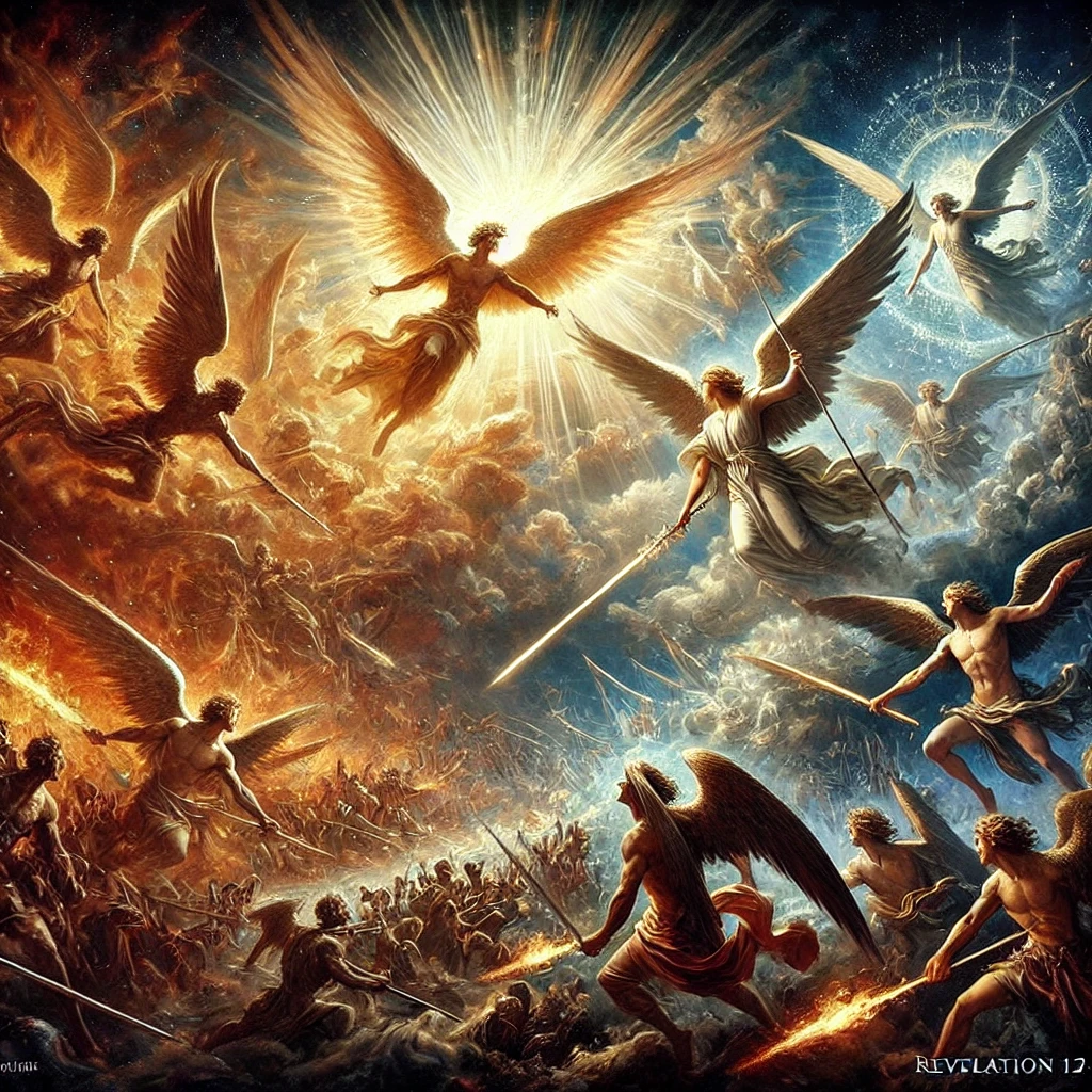 A dramatic painting-style depiction of a cosmic battle between angels, inspired by Revelation 12:7-9. God's angels, radiant with divine light, wield swords of fire as they clash against Lucifer and his rebellious forces. The celestial battlefield is filled with swirling clouds, beams of heavenly light, and darkened figures falling from the skies, symbolizing the triumph of good over evil.