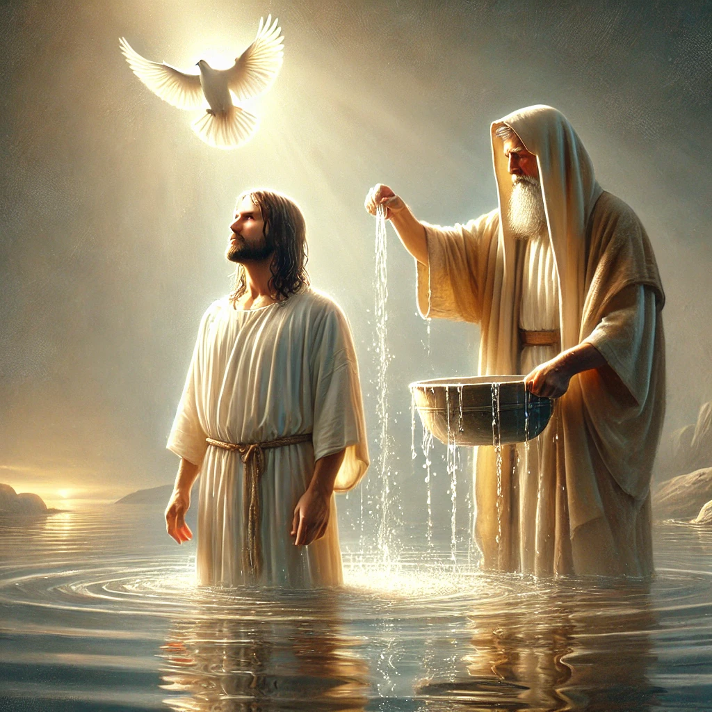A serene biblical scene depicting Jesus being baptized by John the Baptist in the Jordan River, with a glowing light symbolizing the Holy Spirit descending as a dove.