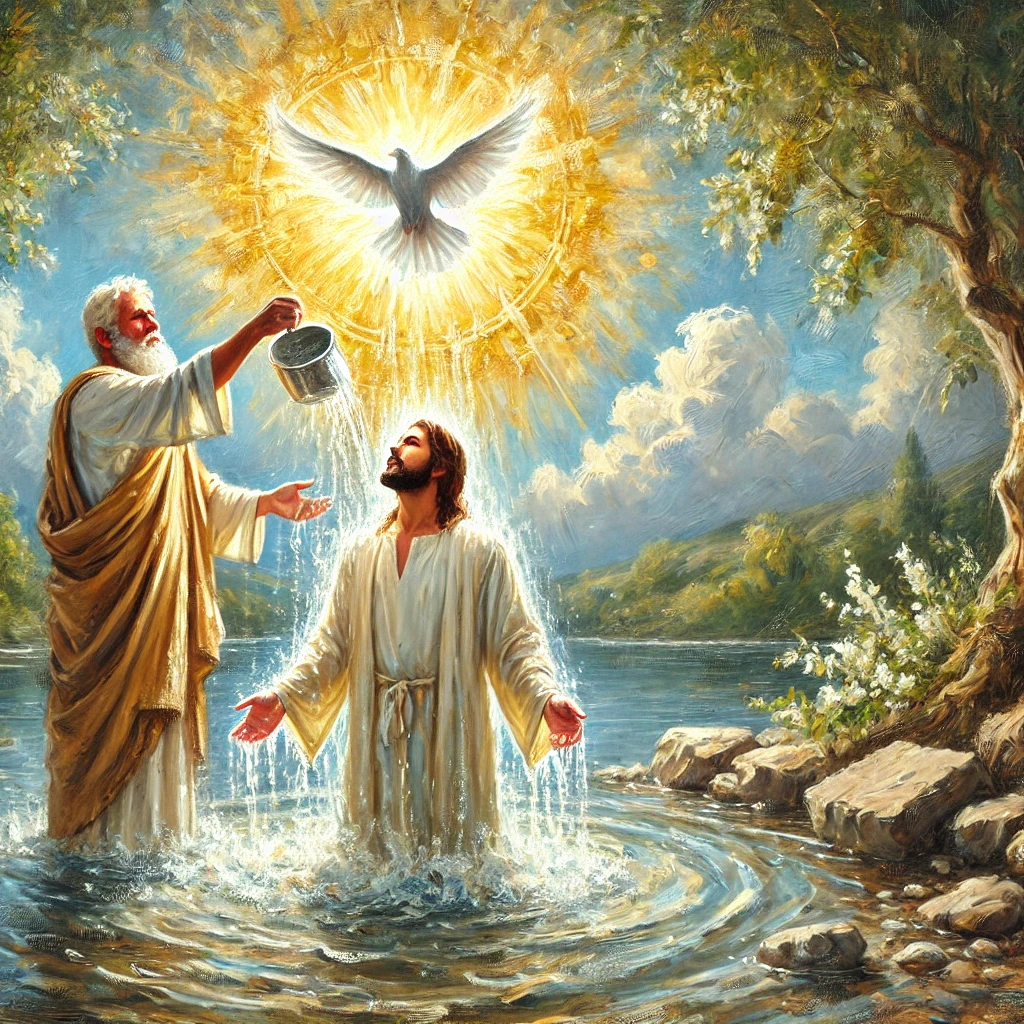 Oil painting-style image of Jesus' baptism in the Jordan River, featuring Jesus standing in the water with a serene expression, the Holy Spirit descending as a dove with golden light, and thick brushstrokes emphasizing the spiritual significance.