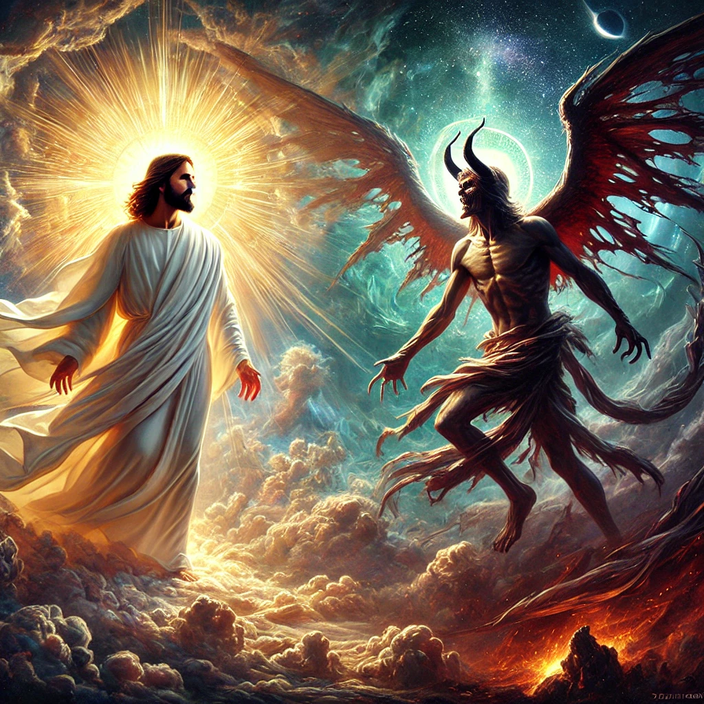 A dramatic painting-style depiction of Jesus and Satan facing off as the Morning Star and the fallen angel. Jesus, radiant with divine light, stands in white robes, exuding peace and authority, while Satan, a dark and fallen figure with tattered wings, looms in opposition. The celestial battlefield is divided—divine light behind Jesus, stormy darkness behind Satan—symbolizing the ultimate battle between good and evil.