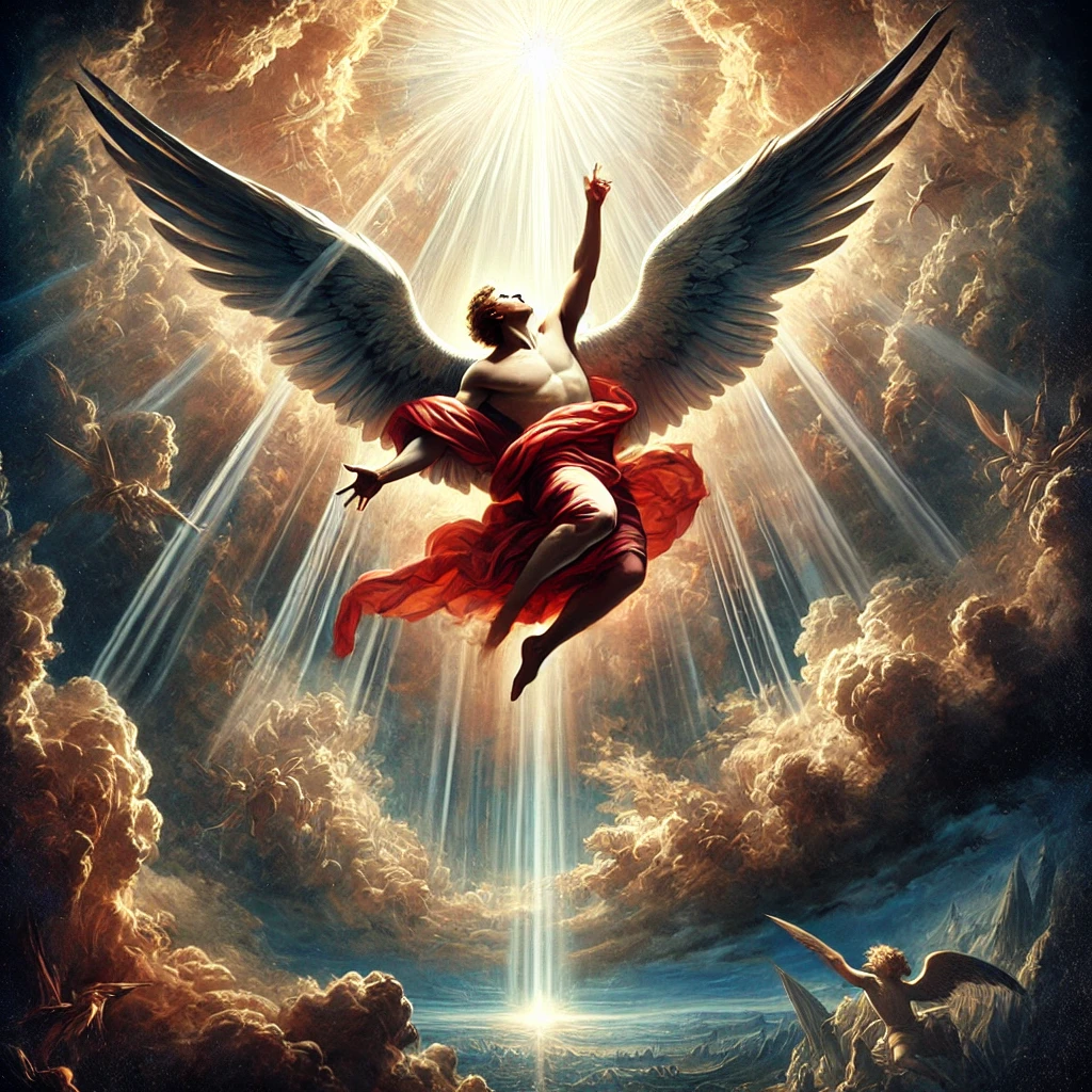 A classical painting-style depiction of Lucifer's fall from heaven as the Morning Star. The image portrays a radiant angel being cast down from the heavens, with divine light piercing through the clouds. His wings begin to darken as he descends, symbolizing his fall from grace. Inspired by biblical imagery, this artwork reflects the transformation of Lucifer, the Morning Star, into a fallen angel.