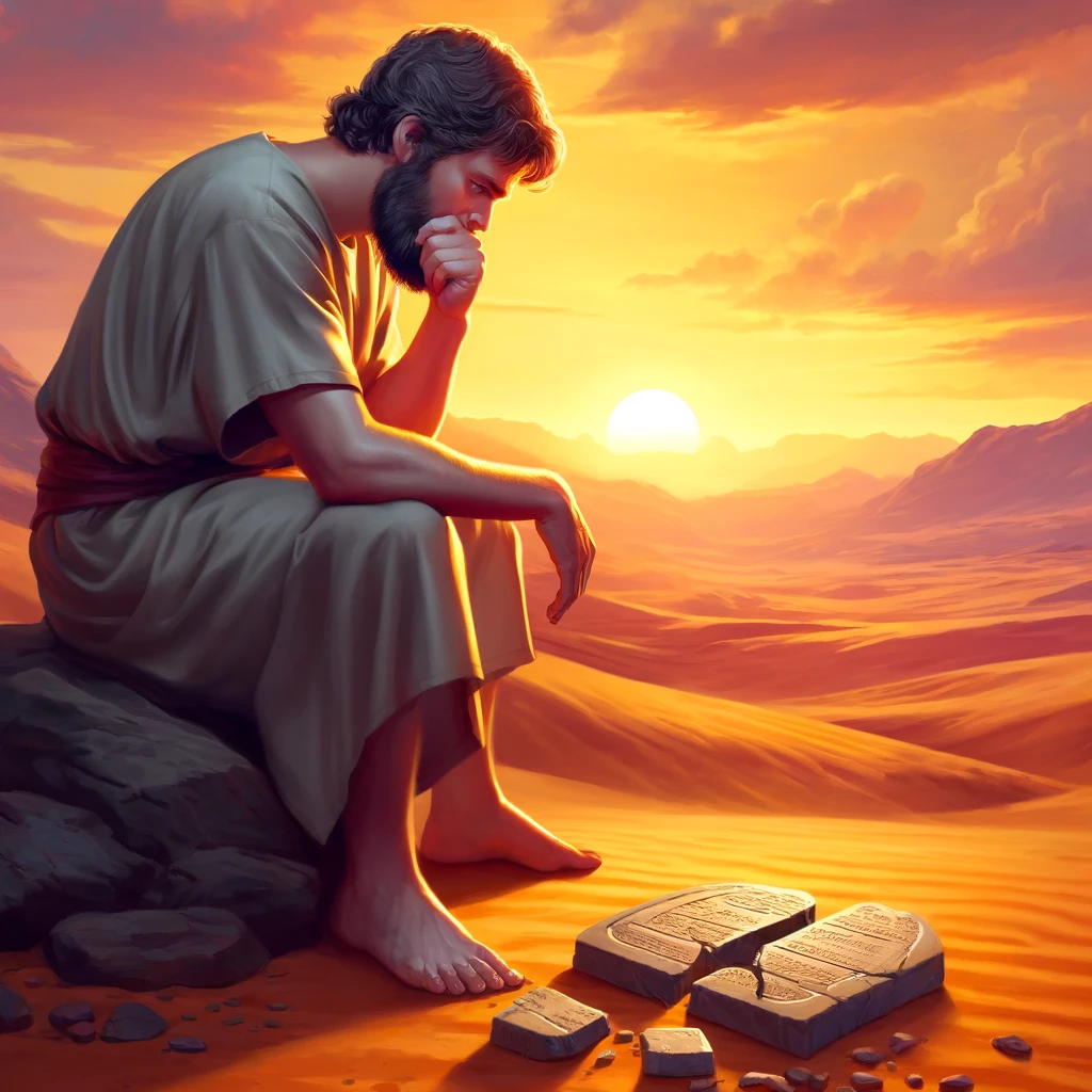 Moses sitting next to the broken tablet 