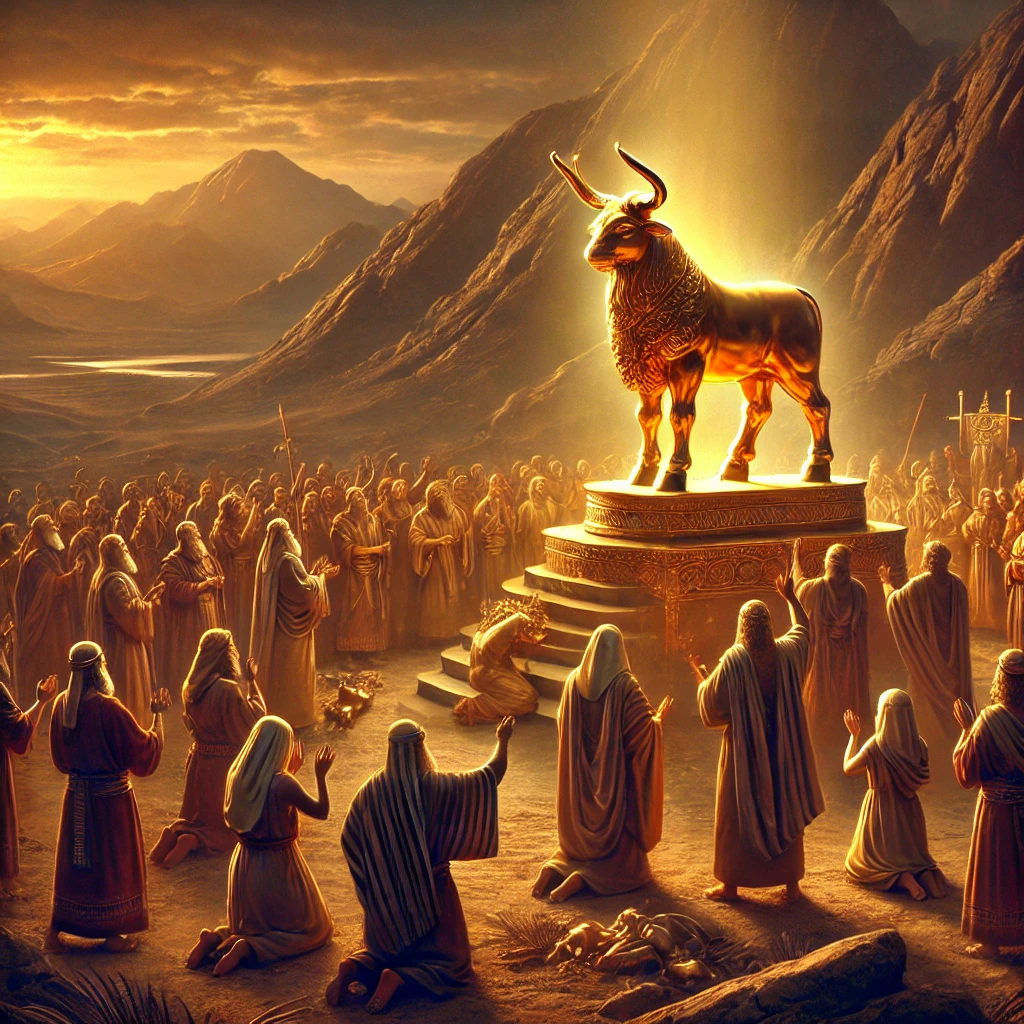 The golden calf, glowing with a radiant shine, is placed on a raised platform.