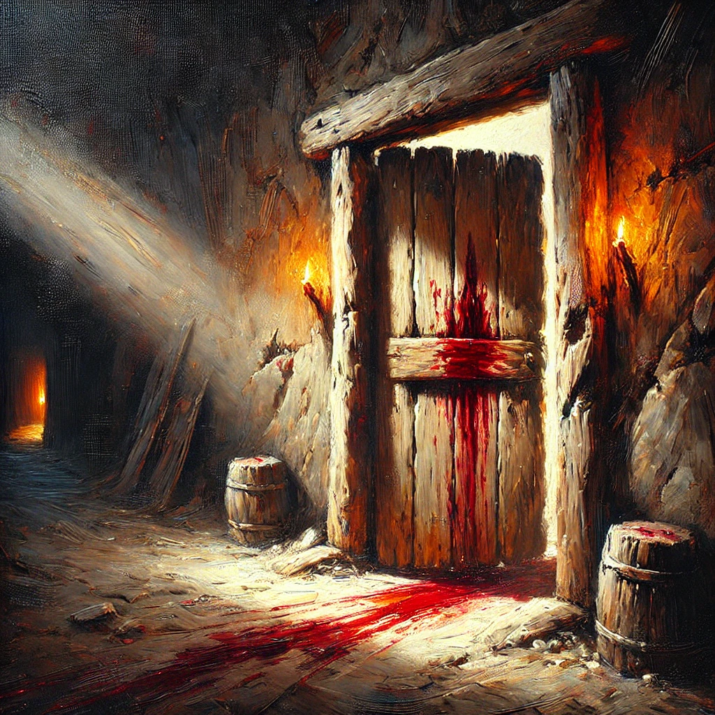 Oil painting-style image of a somber Passover scene, showing a wooden doorpost marked with lamb’s blood. A warm candlelight glow from inside contrasts with the dark, tense atmosphere outside, symbolizing protection and hope for passover
