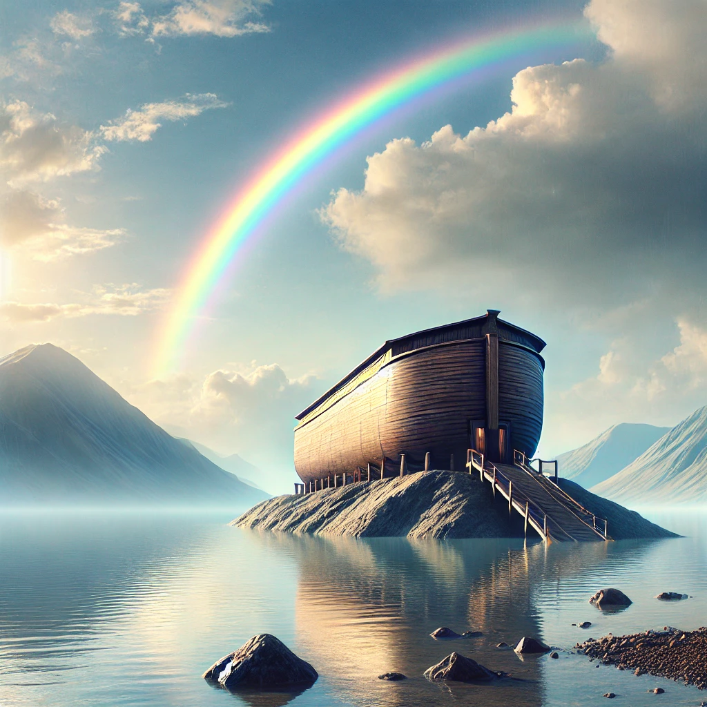 Noah's Ark coming to rest on a mountain with a rainbow in the background