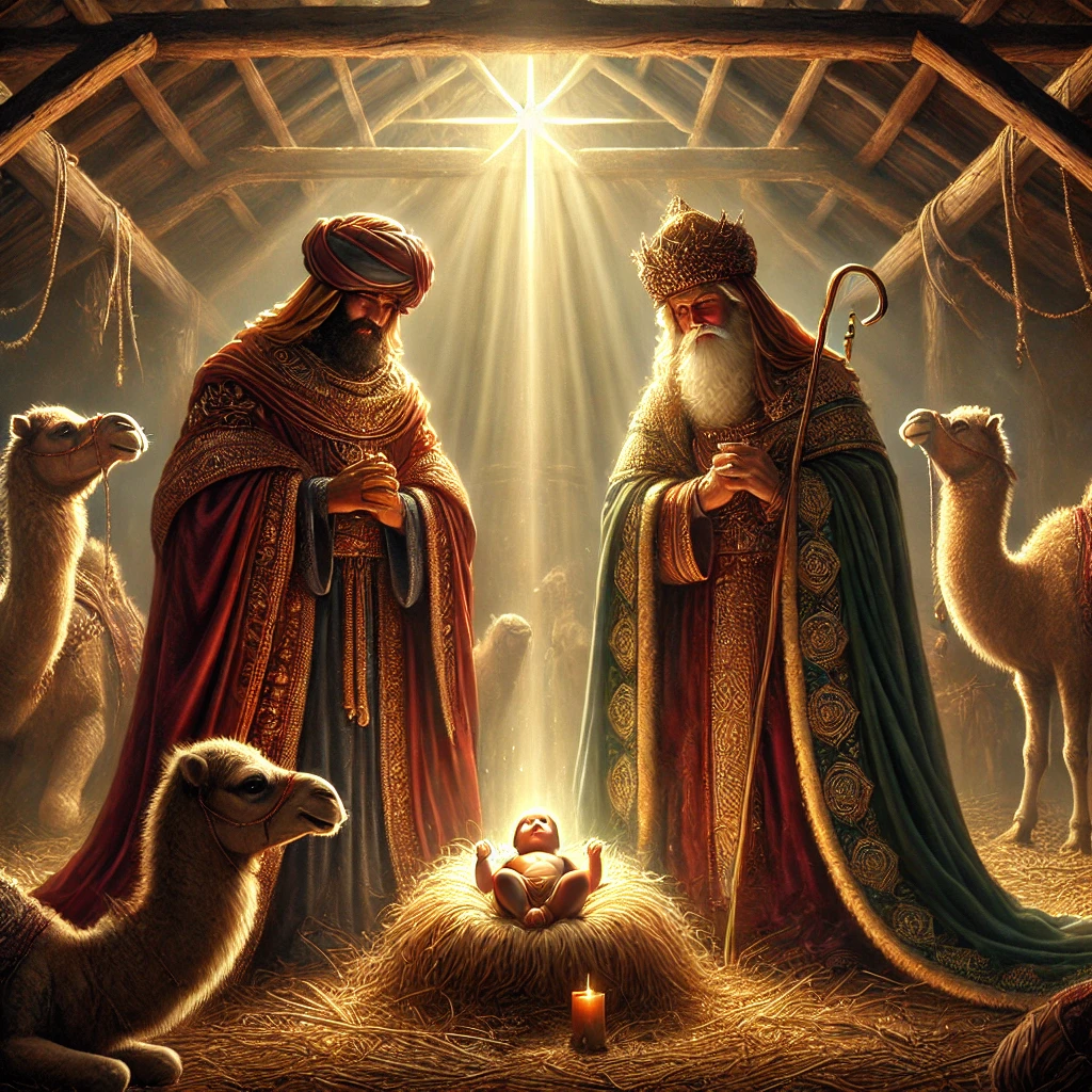 The Wise men standing next to Jesus in the manger