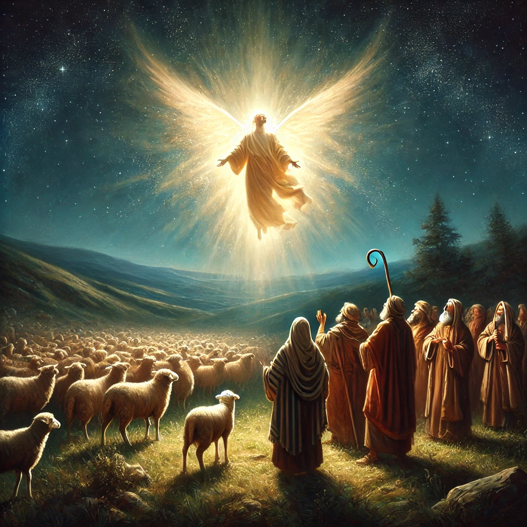 A stunning oil painting depicting the biblical scene of shepherds in the fields at night when an angel of the Lord appears to them. The angel, bathed in divine golden light, descends from the vast star-filled night sky, illuminating the scene. The shepherds, dressed in humble robes, stand in awe and fear, shielding their eyes from the brilliant glory. Sheep are scattered around, some gazing toward the heavenly figure. Rolling hills under a dark blue sky enhance the majesty and wonder of the moment.