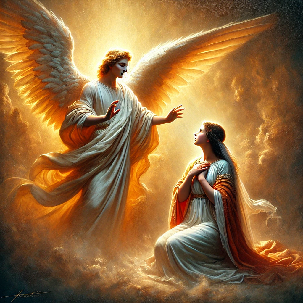 A breathtaking oil painting of the Angel Gabriel announcing to Mary that she will give birth to Jesus. Gabriel, with majestic wings and a flowing robe, appears before Mary, who gazes in awe and humility with hands gently placed over her heart. The scene is illuminated by divine golden light, symbolizing the presence of God. The painting captures the reverence and beauty of the moment in a classic oil painting style
