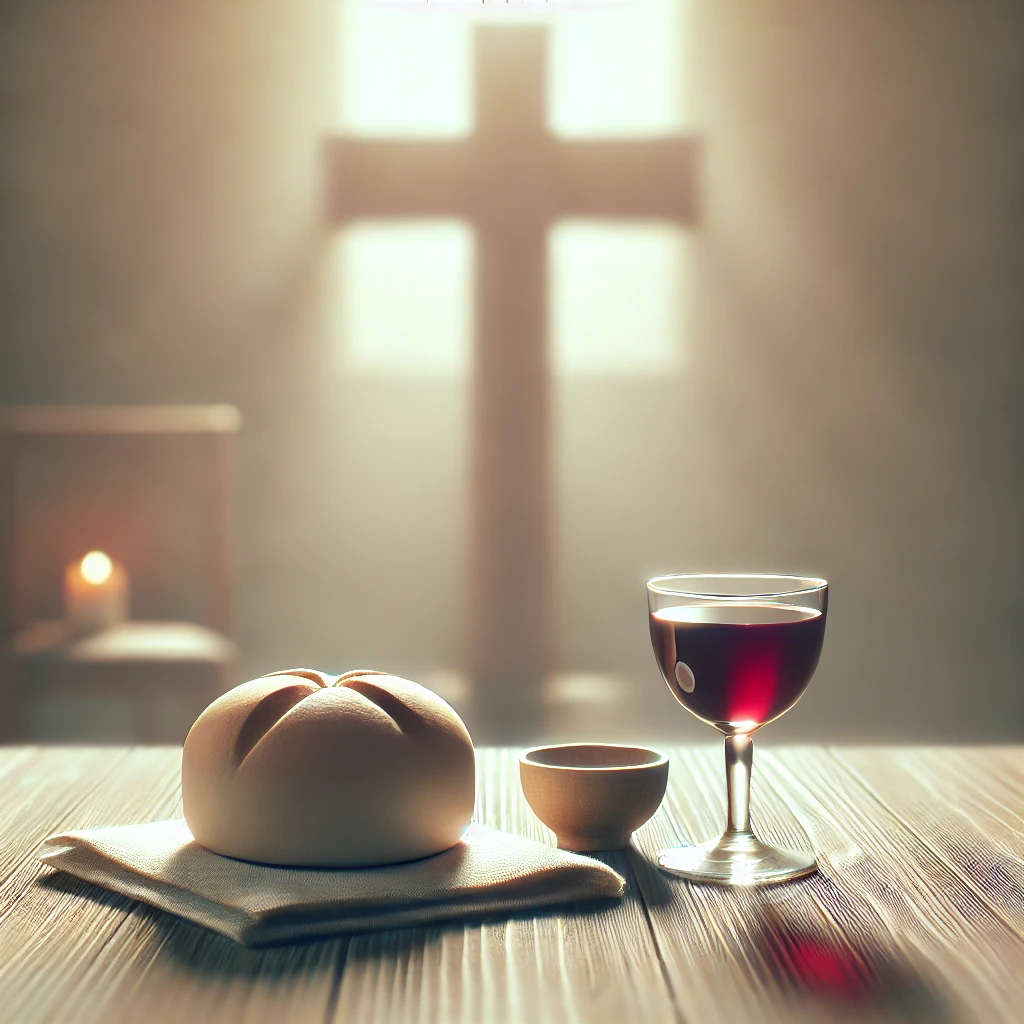 Communion elements of bread and a cup of wine on a wooden table, with a wooden cross in the background, symbolizing the body and blood of Christ.