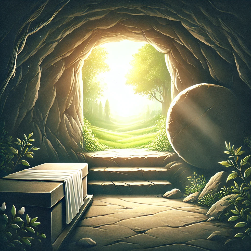 An illustration of the empty tomb of Jesus with the stone rolled away, sunlight streaming in, and a peaceful garden, symbolizing victory over sin and death.