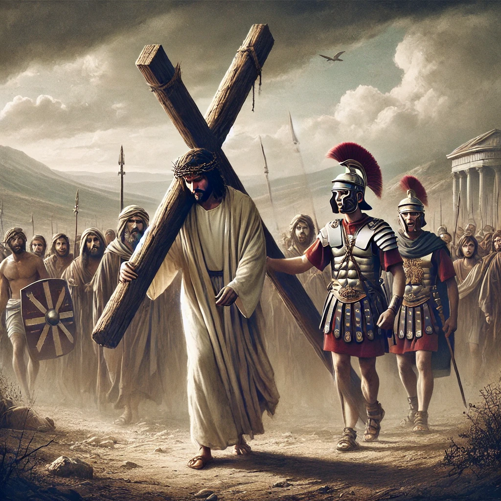 Jesus carrying the cross on a dusty path, surrounded by a crowd and Roman soldiers, symbolizing the fulfillment of God’s plan for salvation.