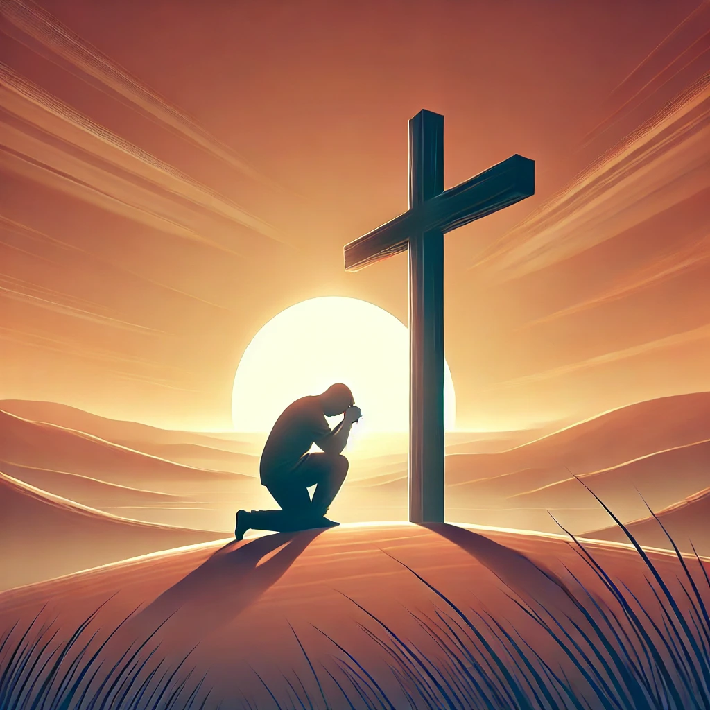 A person kneeling at the foot of a wooden cross on a hill during sunrise, reflecting on Christ’s love and sacrifice, with a peaceful, glowing sky.