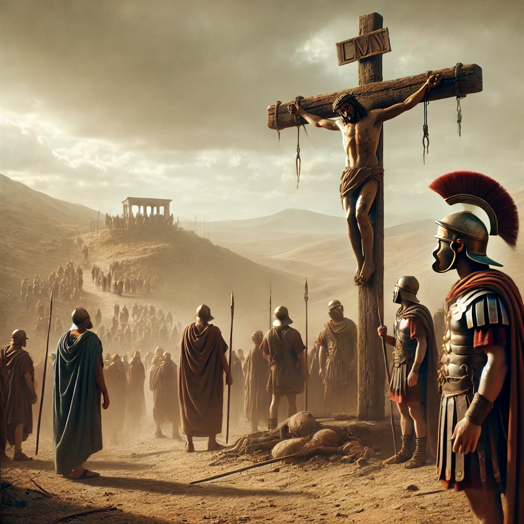 "A Roman crucifixion scene in ancient times, featuring a wooden cross on a hill, Roman soldiers in traditional armor, and a somber, dusty landscape.