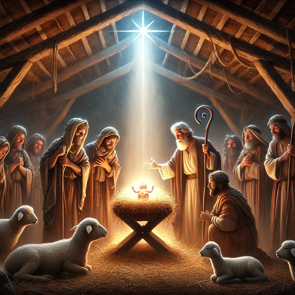 Shepherds standing next to Jesus sleeping in a manger