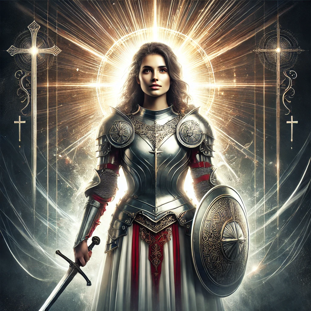 Artistic depiction of a woman wearing spiritual armor inspired by the Armor of God from Ephesians 6, including a helmet, breastplate, shield, and sword. She stands confidently with light rays emanating around her, symbolizing strength, faith, and protection. The background features subtle elements like a cross and light rays, enhancing the biblical and divine atmosphere.