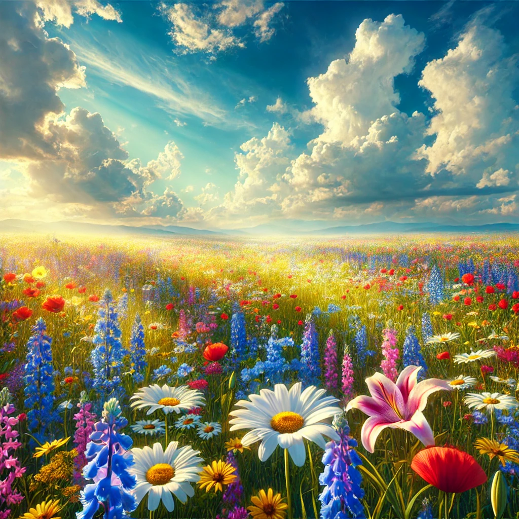 A vibrant meadow filled with various blooming wildflowers under a bright blue sky, capturing the beauty and simplicity of nature, symbolizing God's provision as referenced by Jesus to look into nature to help with anxiety