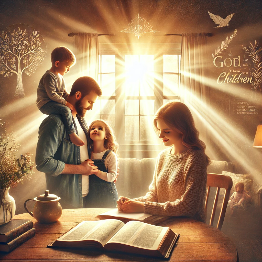 A Christian family interacting in a peaceful home with spiritual elements like a Bible on the table, symbolizing the importance of faith in raising godly children