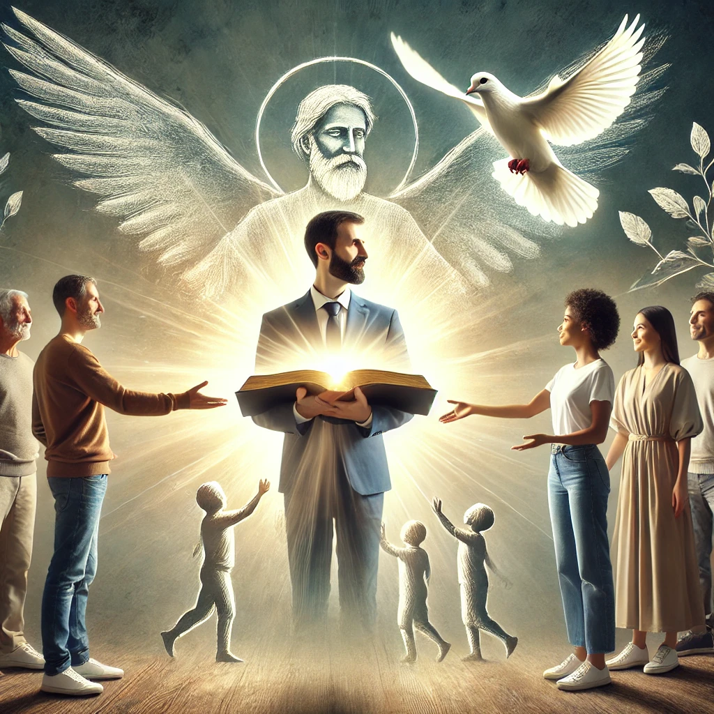a Christian leader holding an open Bible, guiding the reconciliation process, with the Holy Spirit represented by a dove. Christian Conflict