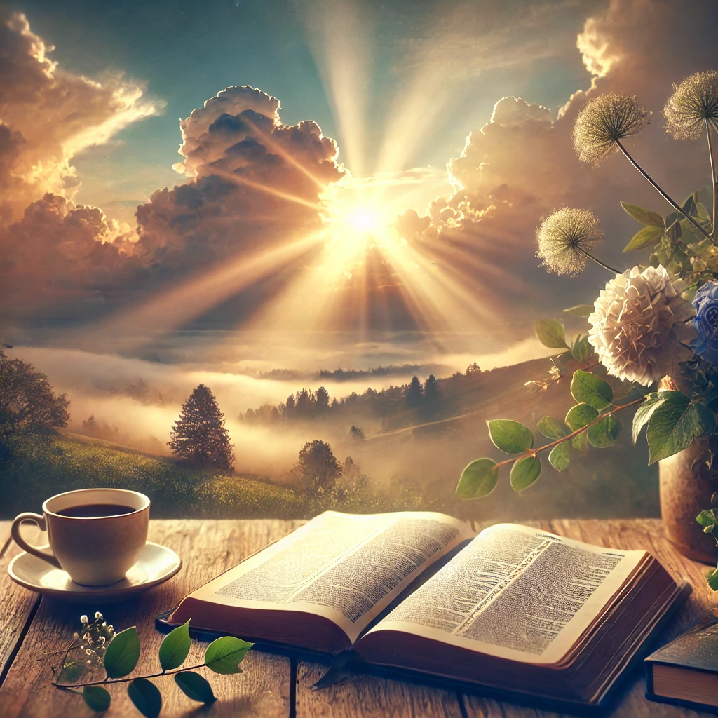 Serene sunrise with an open Bible and a cup of coffee, symbolizing Christian morning affirmations and spiritual reflection.