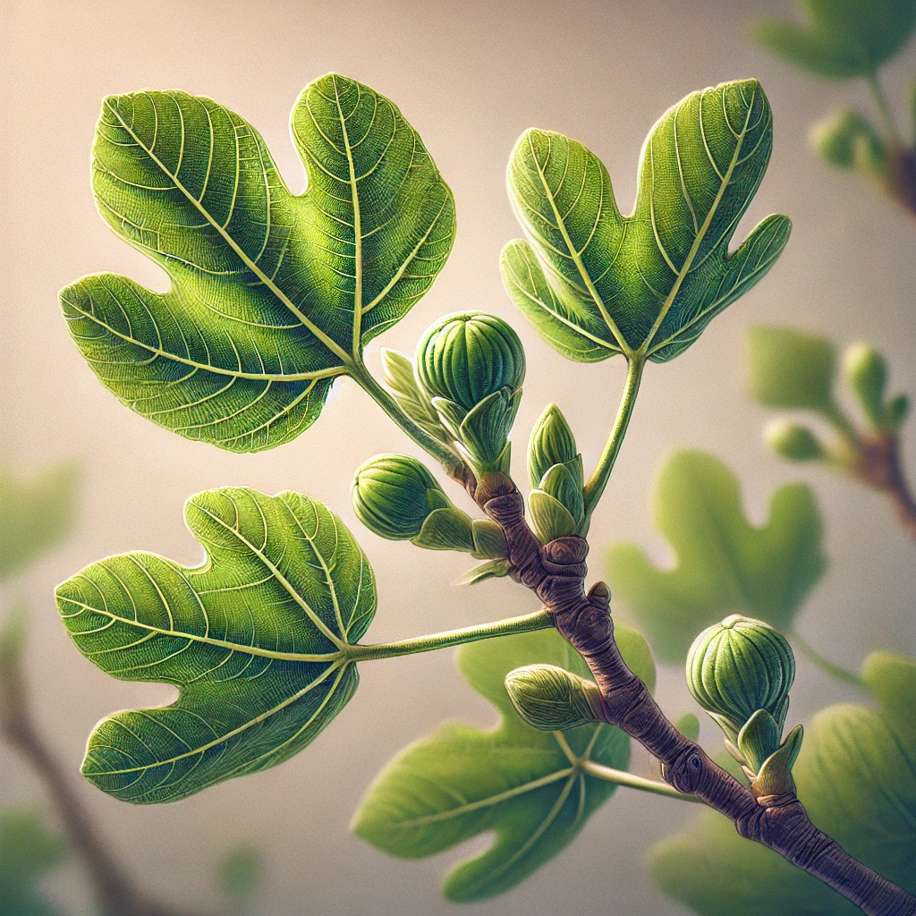 A close-up illustration of fig tree leaves with budding figs, symbolizing small signs and spiritual awareness, highlighting the process of growth and anticipation of fruitfulness.