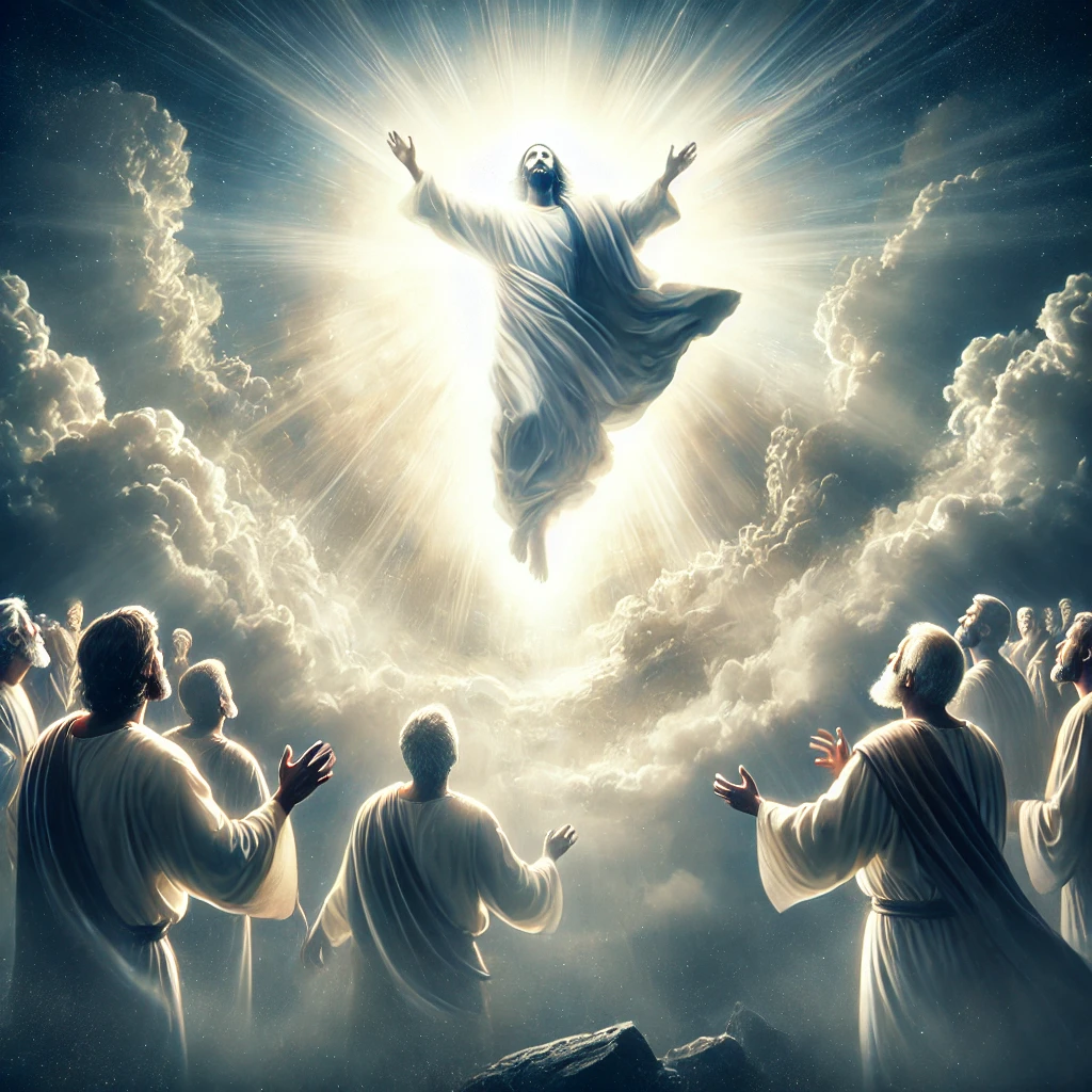 Depiction of Jesus' Ascension, with Jesus rising into the clouds surrounded by radiant light, as His disciples watch from the ground, symbolizing the divine and heavenly significance of this biblical event.