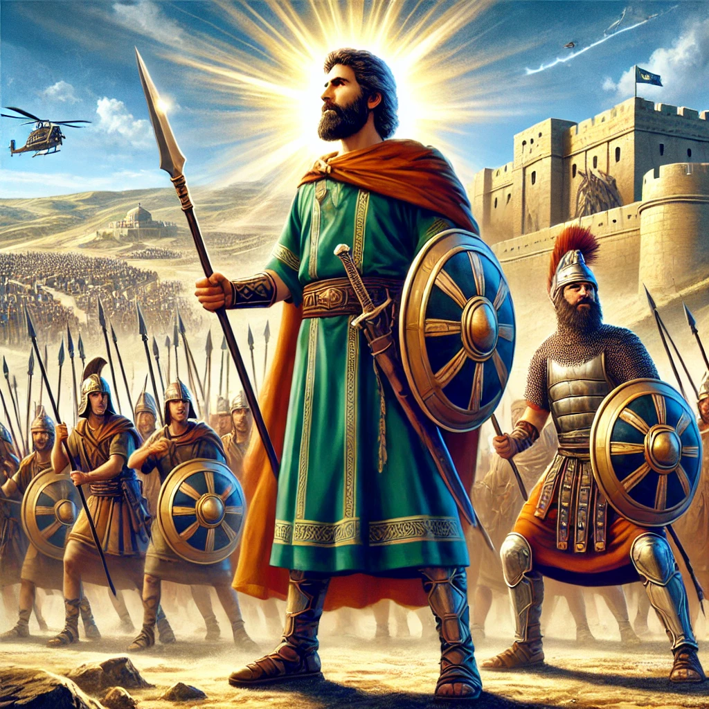Joshua leading the Israelites in a strategic military campaign, with the army preparing for battle and fortified cities in the background, symbolizing courage, strategy, and divine intervention