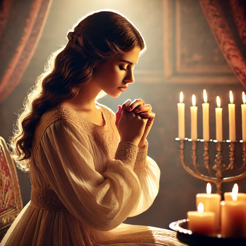 A serene, reflective image of Esther in deep prayer and fasting, kneeling with her hands clasped, perhaps with soft candlelight around her, symbolizing her reliance on God for guidance and strength.