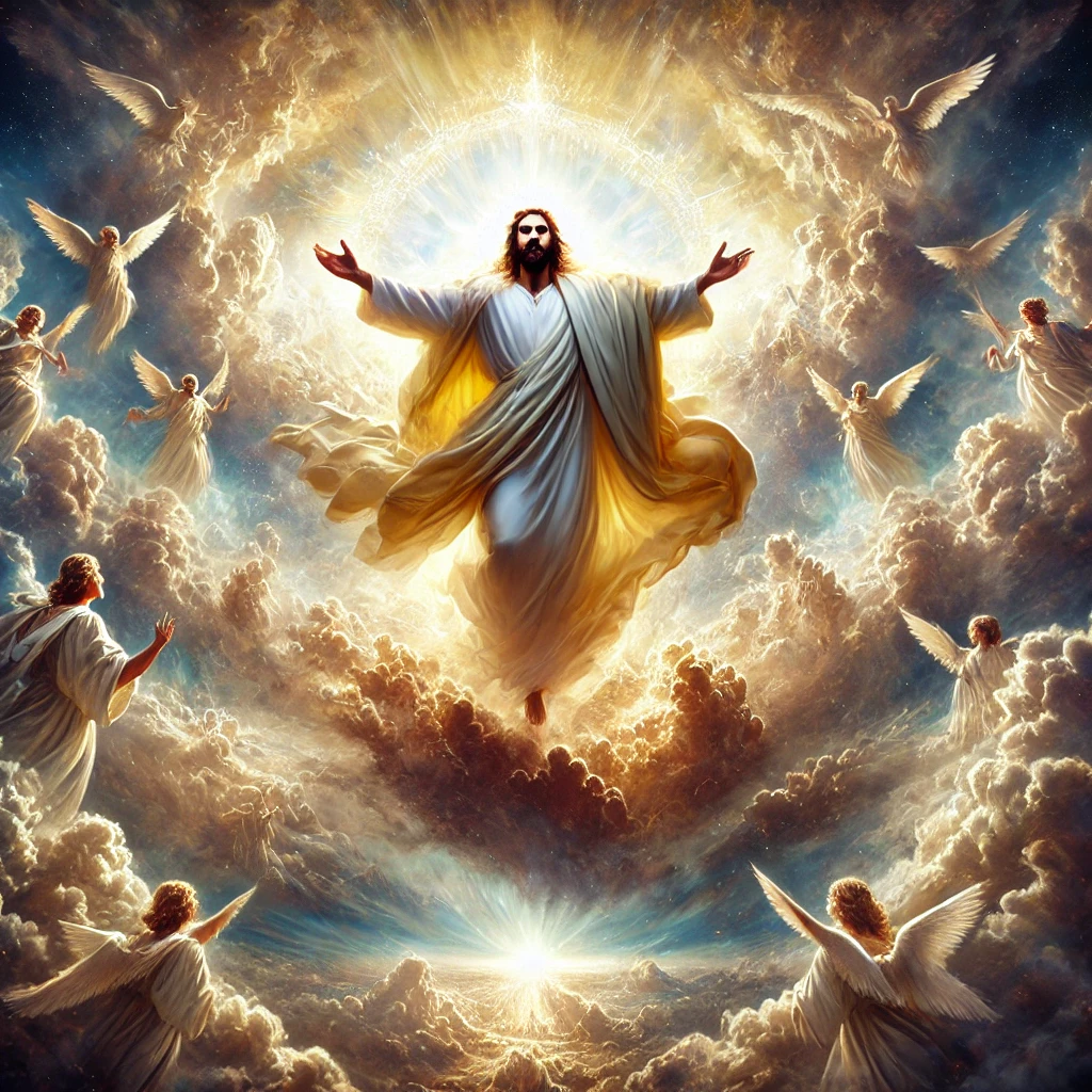 A majestic depiction of Jesus Christ returning in the clouds, inspired by Revelation 1:7, with radiant light, angels, and a divine glow symbolizing His second coming