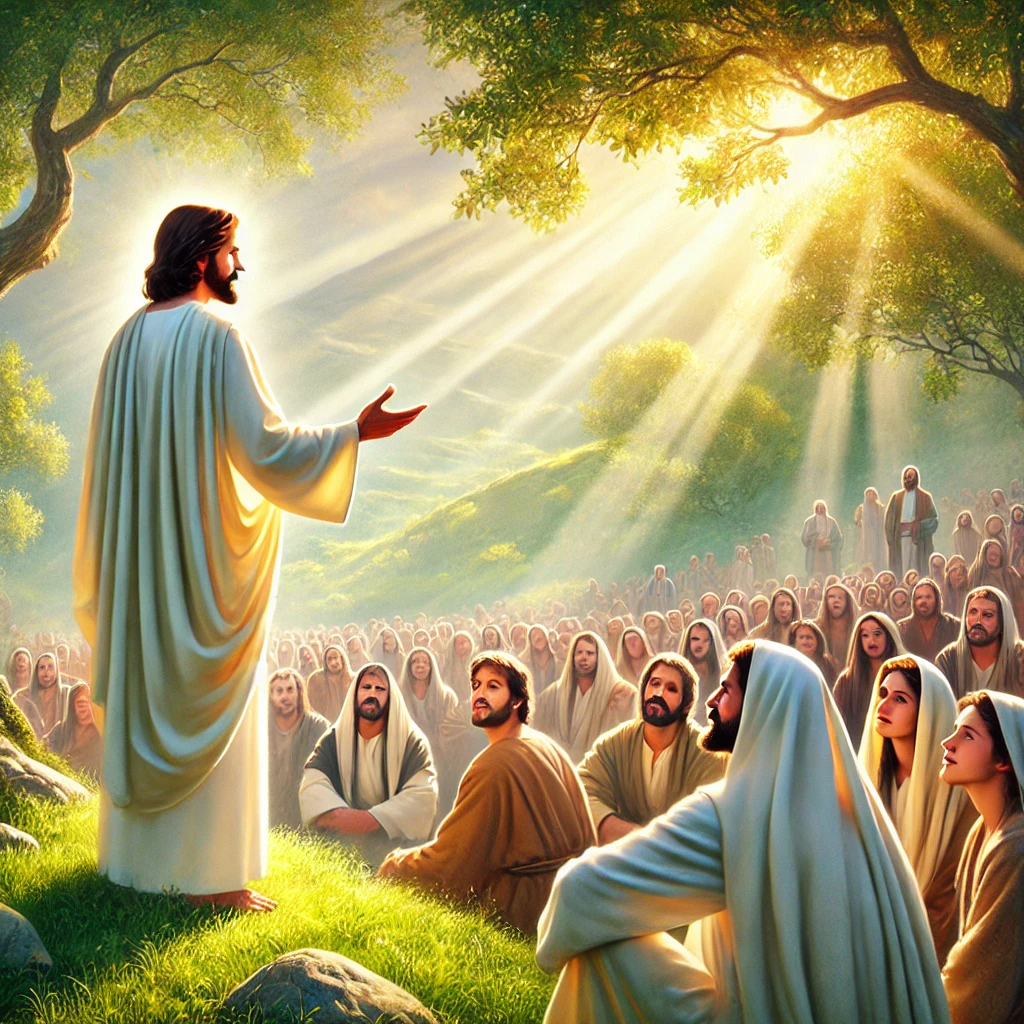 Jesus teaching a crowd about forgiving others to receive forgiveness during the Sermon on the Mount, set in a peaceful landscape with soft sunlight