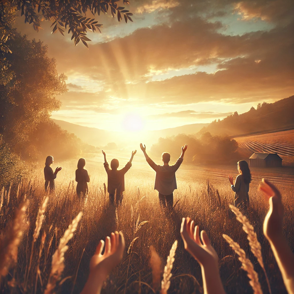 An individual standing in a serene field with hands lifted in gratitude, surrounded by warm sunlight, symbolizing thankfulness and connection with God.