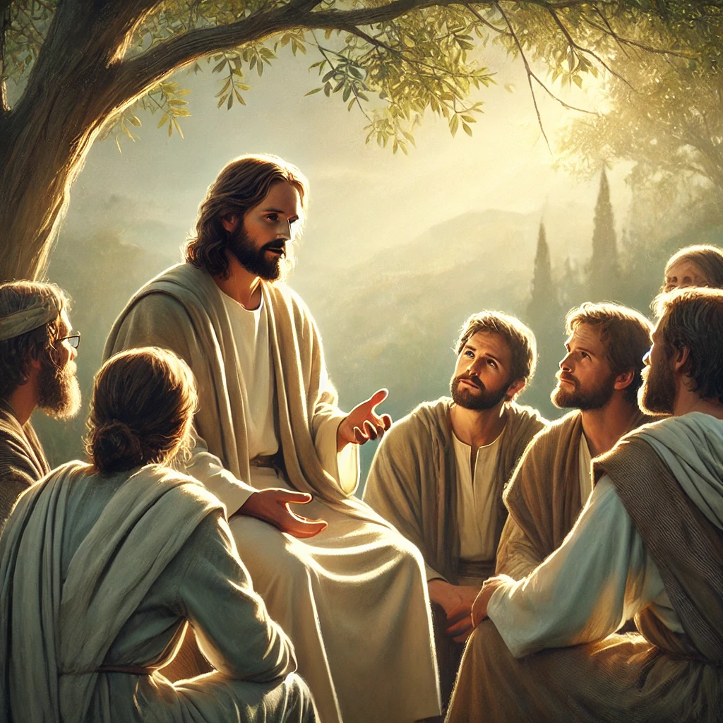 Jesus talking to His disciples outdoors, with a natural landscape and soft sunlight, symbolizing teaching, unity, and fait