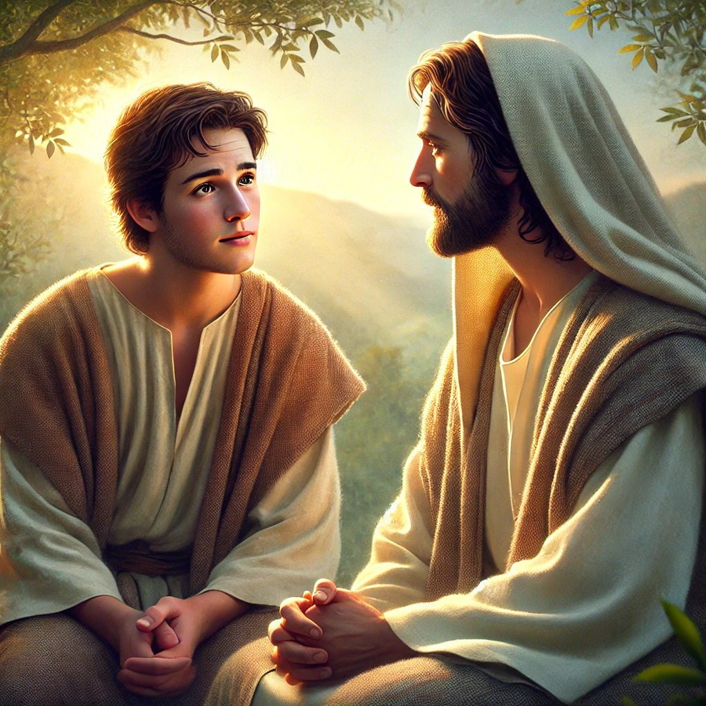 Jesus speaking with Matthew in a peaceful outdoor setting, symbolizing Matthew’s transformation from tax collector to disciple, with themes of redemption and faith