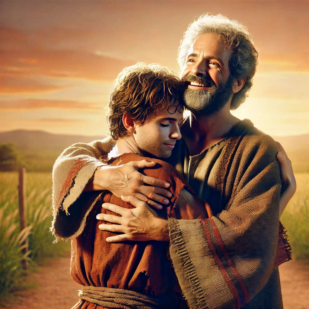 The father joyfully embracing the humbled Prodigal Son in a serene countryside, symbolizing themes of unconditional love, mercy, and reconciliation.