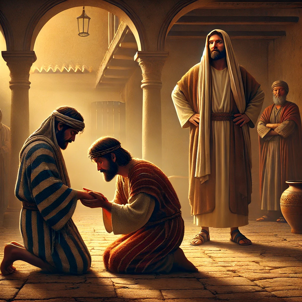 Depiction of the Parable of the Unforgiving Servant, with one man pleading for forgiveness while another stands sternly above, as Jesus observes in the background, symbolizing the importance of mercy and forgiveness.