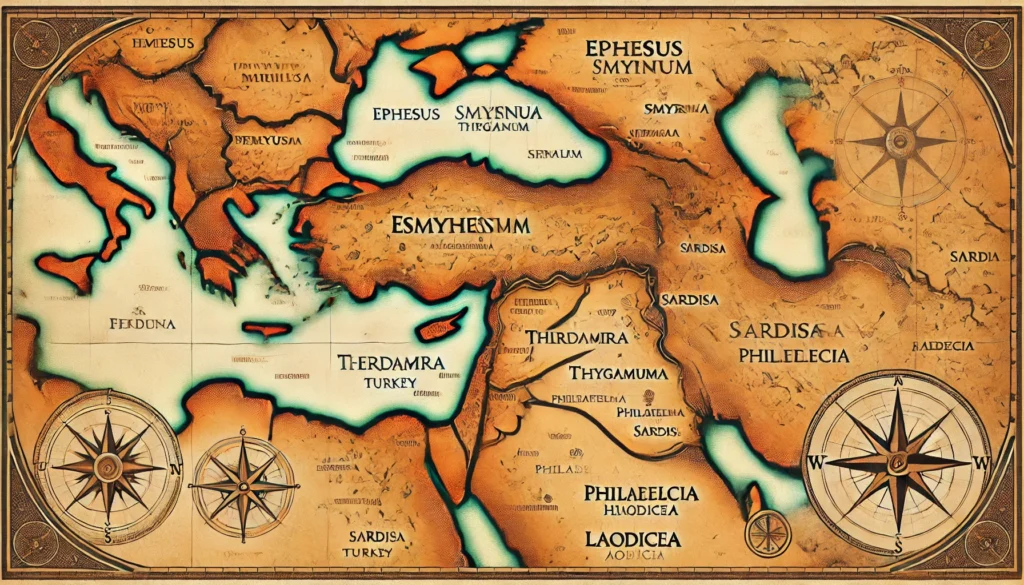 Ancient-style map of the seven churches of Revelation in Asia Minor, featuring an aged parchment texture, marked locations, decorative borders, and a vintage cartography design evoking biblical history.