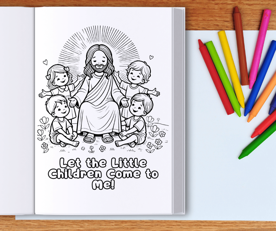 A look inside our Free Coloring book for Kids. A coloring page of Jesus with the phrase "Let the Little Children Come to Me"