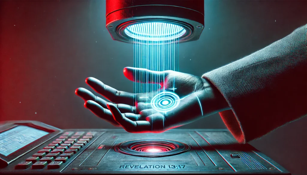 A symbolic depiction of the Mark of the beast on a hand, palm down, scanning a glowing futuristic mark under a high-tech scanner in a dark dystopian setting, representing commerce restrictions and biblical prophecy from Revelation 13:17