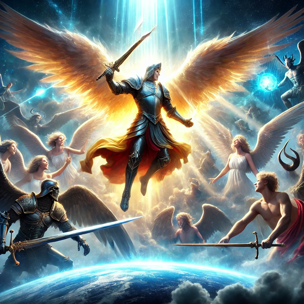 A dramatic depiction of the Battle in Heaven from Revelation 12:7-9, with Michael the Archangel leading angels against Satan, set in a celestial realm with radiant light and dark clouds.