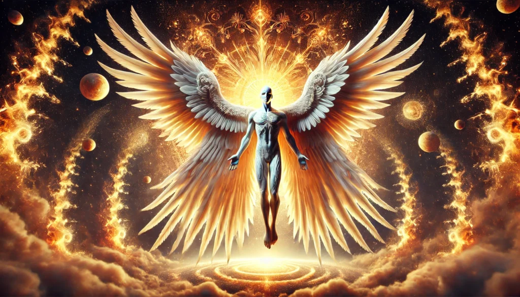 "A surreal and ethereal depiction of a non-human Seraphim angel with six distinct wings: two covering its face, two covering its feet, and two used for flight. The angel radiates fiery light and divine energy, standing on a glowing platform surrounded by a celestial, golden, and fiery atmosphere with cosmic elements in the background