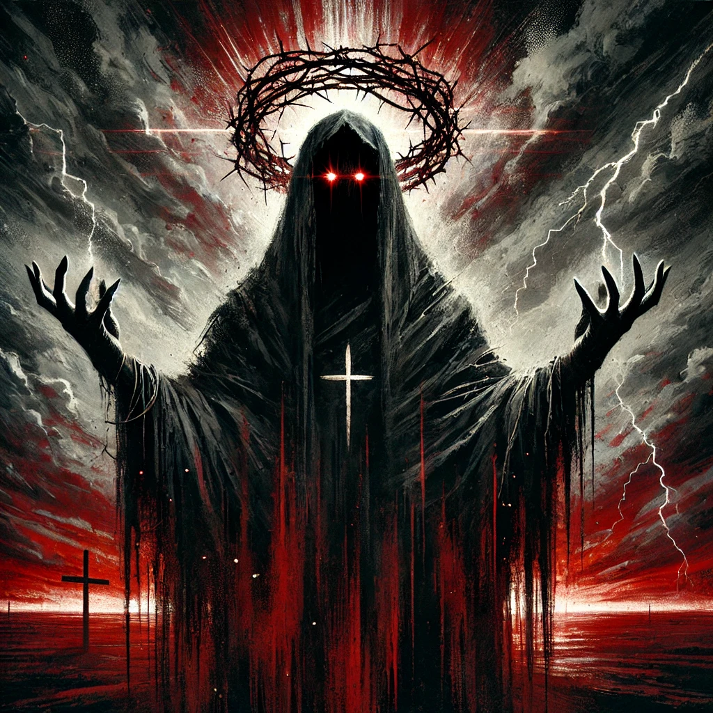 A symbolic painting-style representation of the Antichrist, featuring a shadowy figure with a glowing crown of thorns twisted with barbed wire. The apocalyptic background includes storm clouds, lightning, and a crimson glow, creating a foreboding and deceptive atmosphere